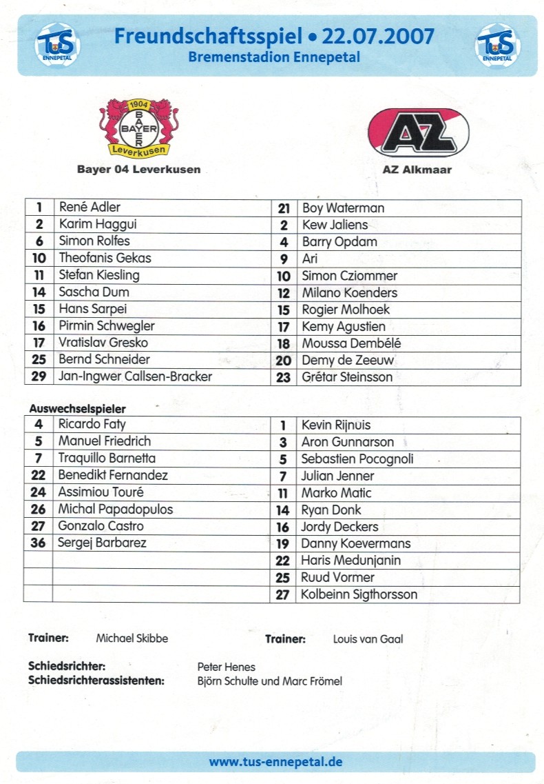 AZ Programma 22-jul-2007 Bayer Leverkusen away